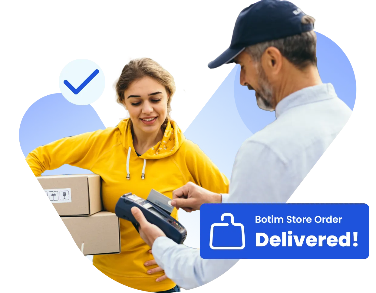 A man handing a package to a woman.